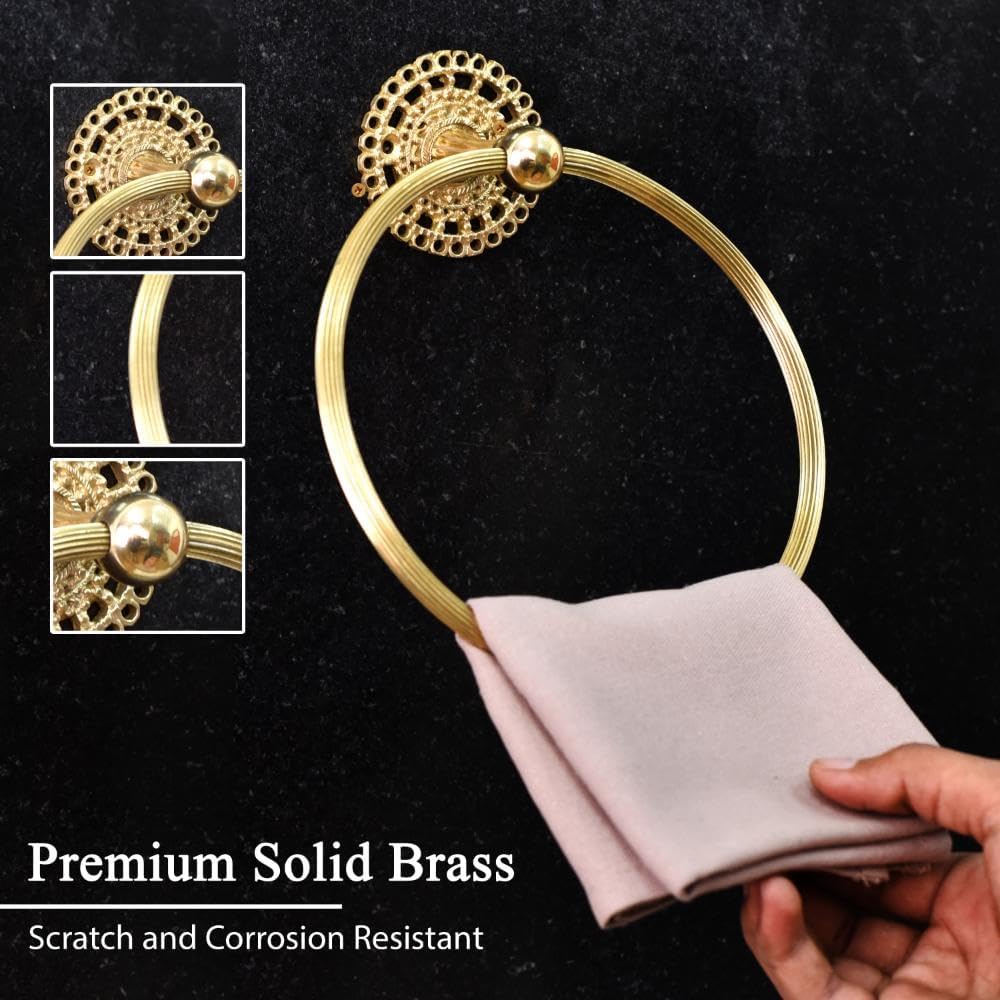 IndianShelf Brass Premium Boho Design Towel Ring Unique Gold Towel Hanger for Bathroom