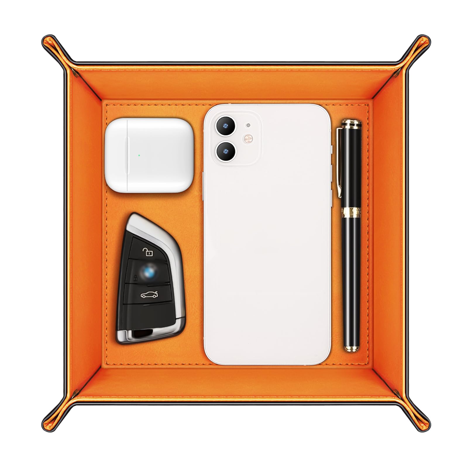 Valet Tray Desktop Storage Organizer – Premium PU Leather Catchall Tray Bedside Vanity Tray Nightstand Caddy Holder for Remote Controller, Keys, Phone, Wallet, Coin, Jewelry (Orange)