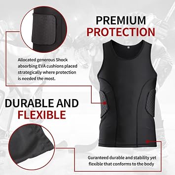 Men's Padded Compression Shirt - Football Chest & Rib Protector with Heart Guard for Contact Sports - Black - S