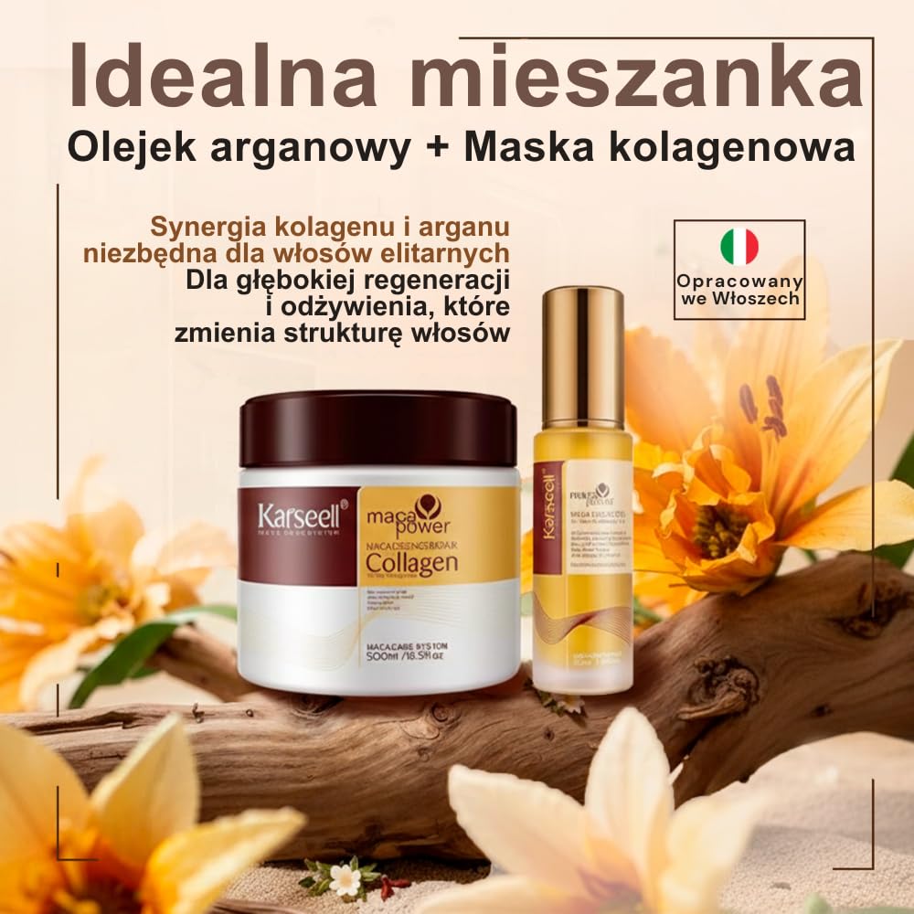 Karseell MACA CARE SYSTEM Maska Kolagenowa Serum Olejek Arganowy Włosy Suche Zniszczone Farbowane Puszące Nawilżenie Blask Regeneracja Wzmocnienie Do Wszystkich Rodzajów Włosów 500ml+50ml