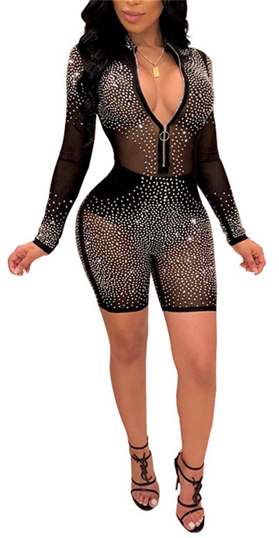 TshineY Women Stripes Long Sleeve V Neck Bodycon Jumpsuit with Front Zipper Short Mesh Pants Rompers