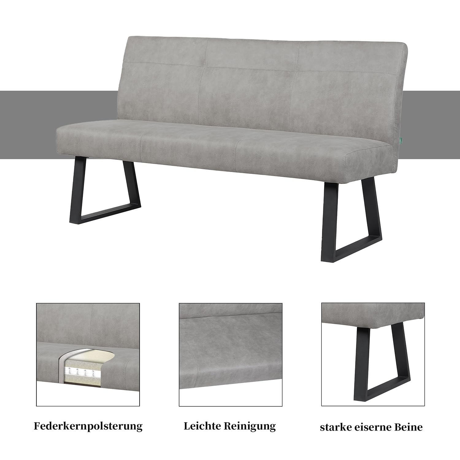 DUBI Möbel Sitzbank Joyce 160 cm mit Federkernpolsterung – Moderne Esszimmerbank Grau – Gepolsterte Küchenbank mit 15 cm Polsterung & Metallbeinen Schwarz