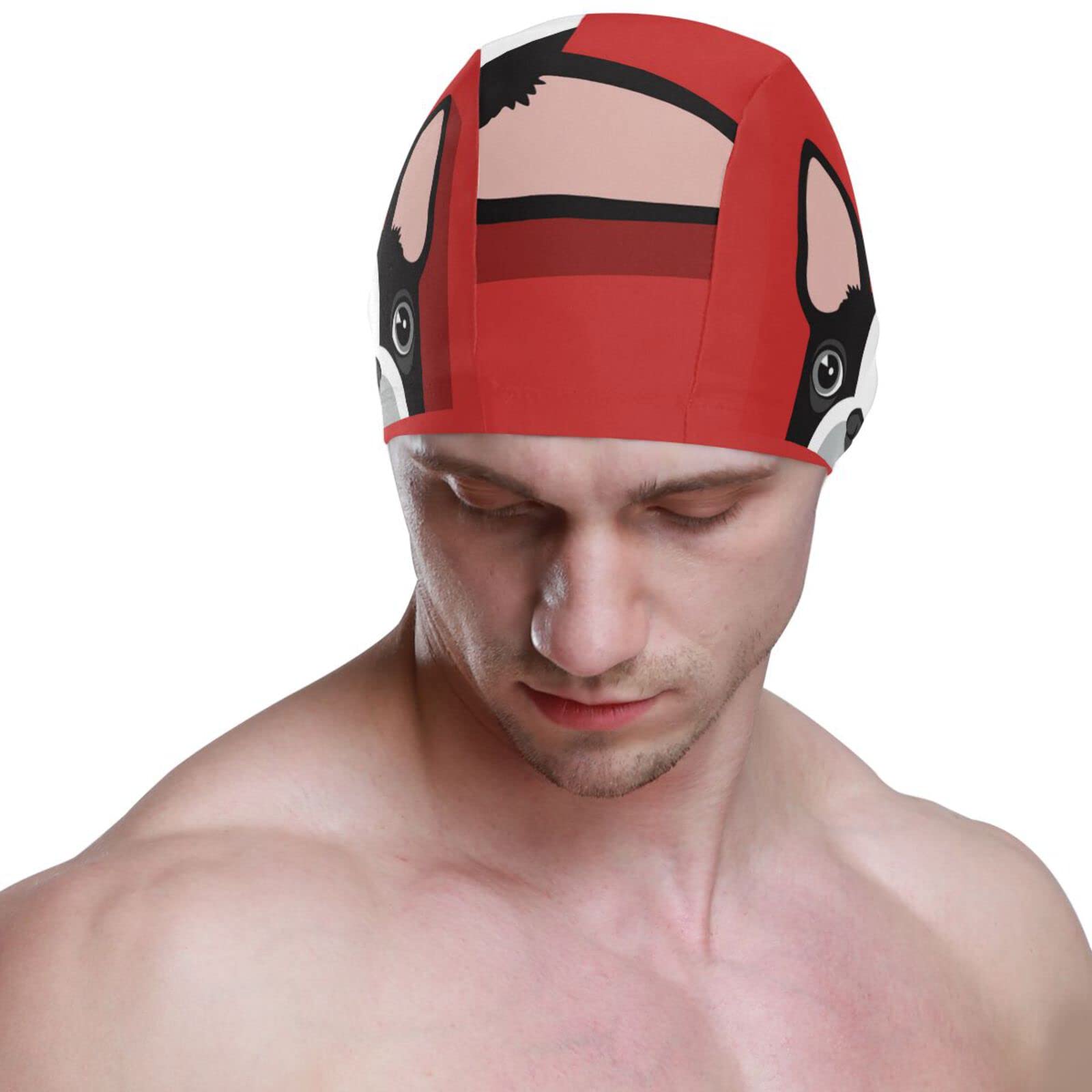 Oyihfvs Boston Terrier in Red Custom Men Swim Cap, High Elasticity Swimming Cap, Stylish Lightweight Swim Hat for Adult Men Teens Swimming Water Sports
