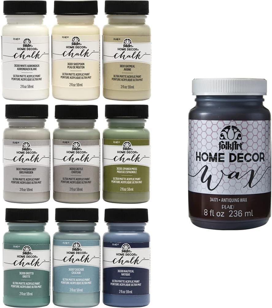 FolkArt Home Decor Ultra Matte Chalk Finish Acrylic Craft Paint Set, 2 oz Bottles, Top Colors & Home Decor Chalk Furniture & Craft Paint in Assorted Colors, 8 ounce, Antique Wax