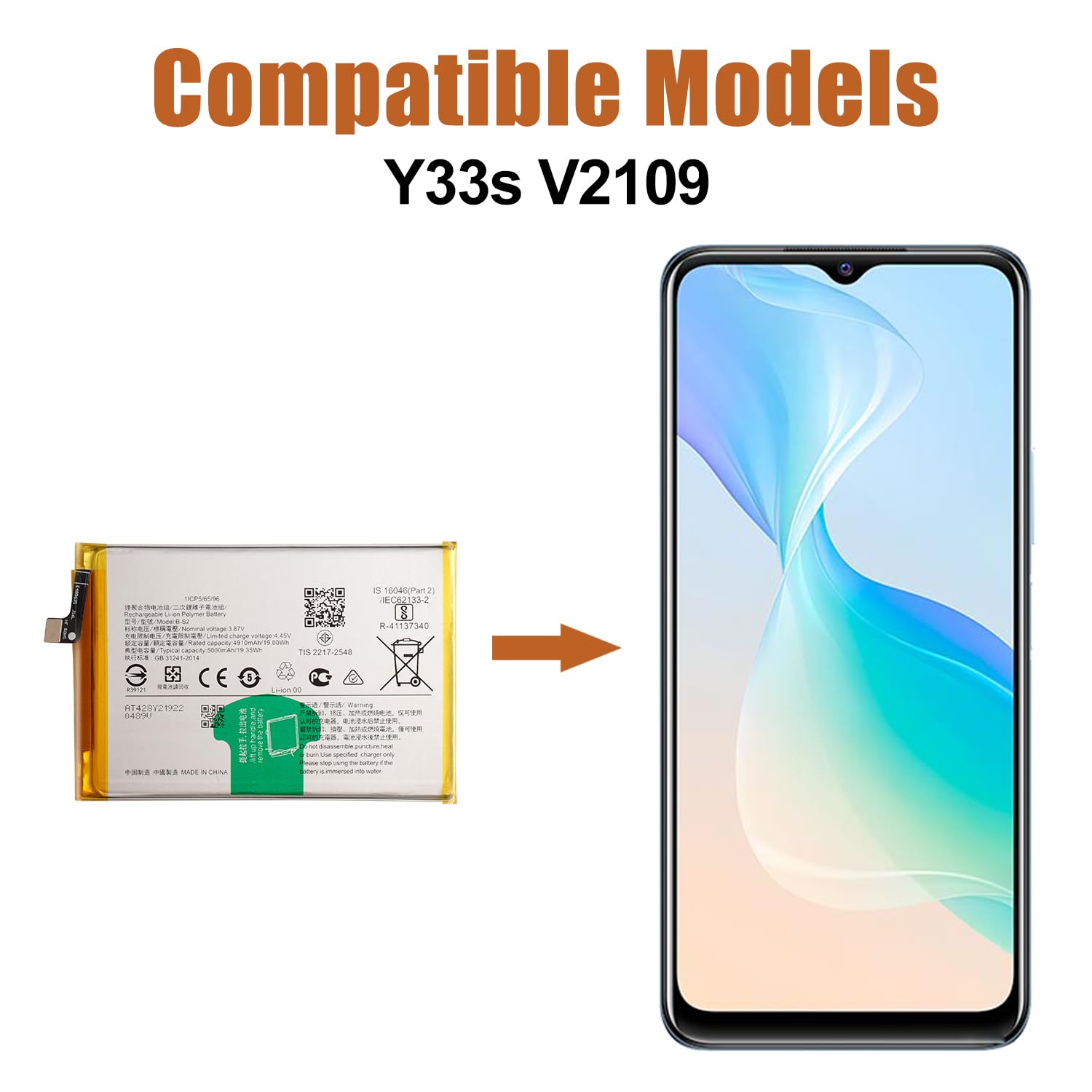 Duotipa 4910 mAh nowy akumulator zastępczy B-S2 kompatybilny z Vivo Y33S V2109 z zestawem narzędzi naprawczych