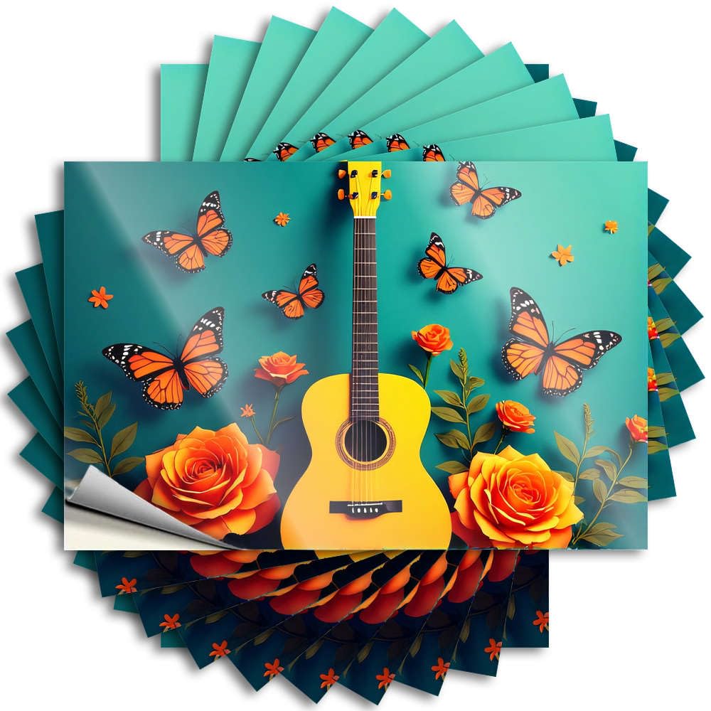 Decal Patio Decor | Tall Cover Yellow Guitar Surrounded By Orange Butterflies and Flowers for Texas(8X12CM)