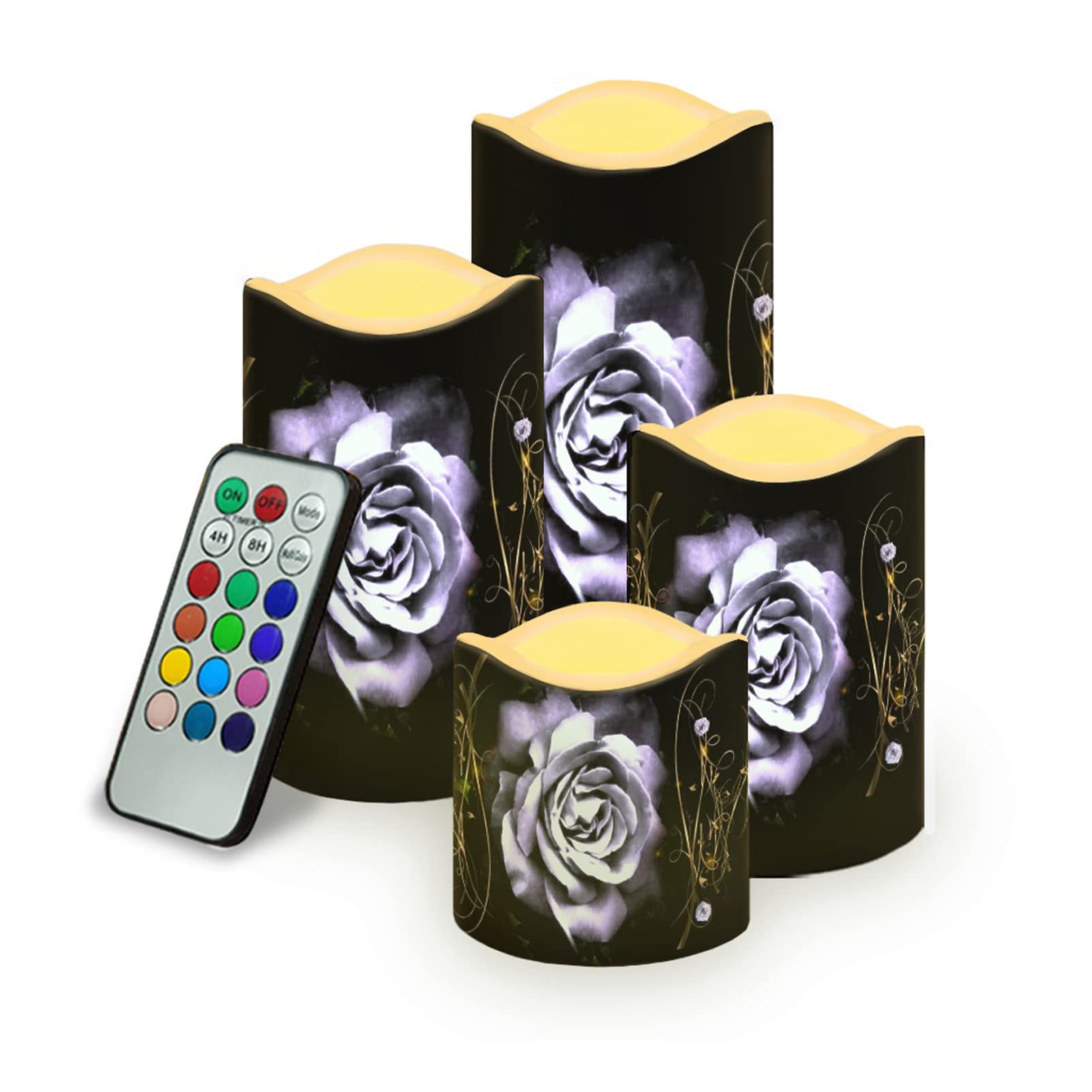 Kuiaobaty Grey Roses Battery Candles with Remote Control Black Flameless Led Pillar Candles 4-Pack Hotel Room Decor for Romantic Night