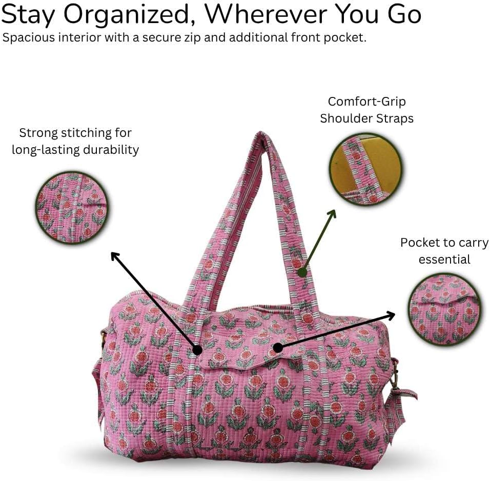 Quilted Floral Cotton Duffel Bag for Women, Handmade Lightweight Washable Large Travel Gym Bags with Pocket -Pink - Image 3
