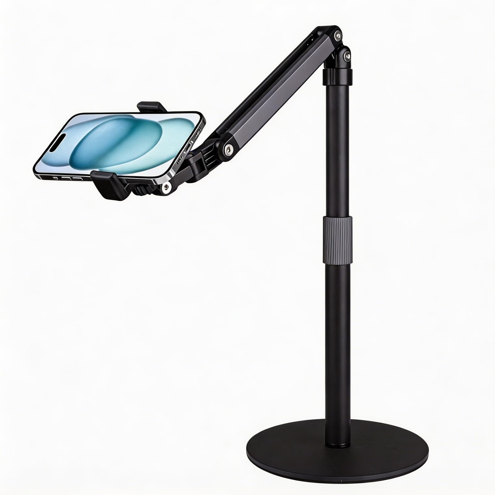 Support Téléphone Bureau en Métal, Trépied Smartphone Réglable en Hauteur 18-70cm avec Rotation 360°, Support Téléphone pour Filmer, Streaming, Vidéoconférence et Télétravail