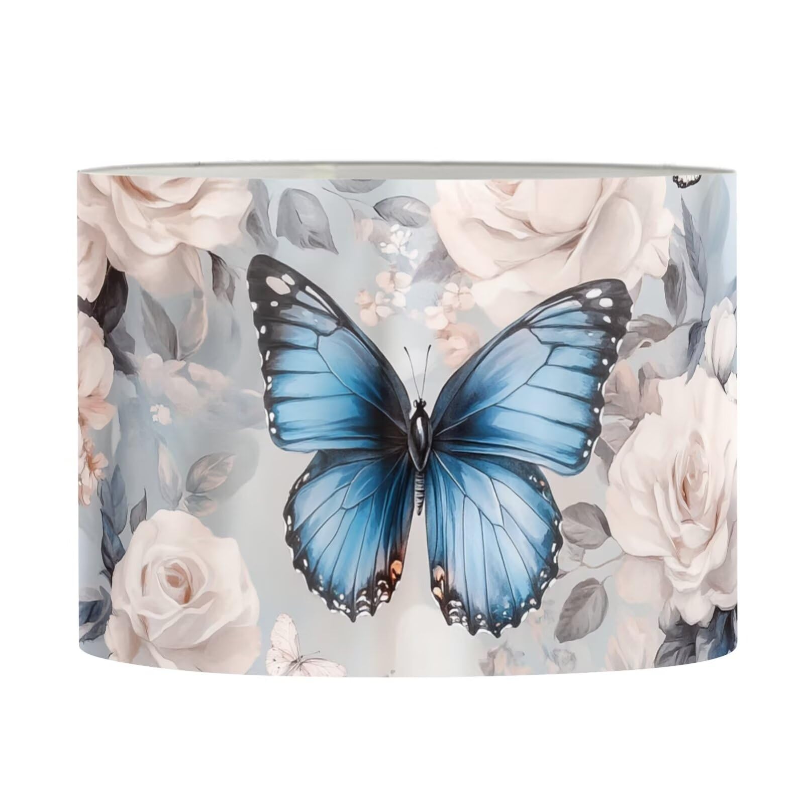 FANCOSAN Blue Butterfly Lampshades Cover Trendy Floral Decorative Drum Lamp Shade for Bedside Table Desk Floor Light Living Room Dorm M — image 1