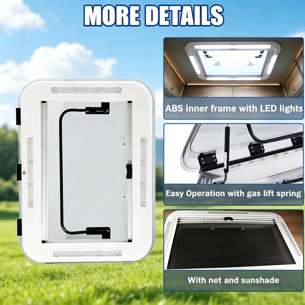 Klapa wentylacyjna do kampera z oświetleniem LED, ze stopu aluminium, uniwersalne okno dachowe kampera i kampera, pasuje do grubości ściany 25-60 mm, duża konstrukcja dla optymalnej wentylacji