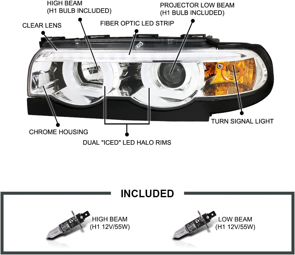 Spec-D Tuning Euro Chrome Projector Headlights Dual Halo Led Compatible with BMW E38 7-Series 1995-2001 L+R Pair Head Light Lamp Assembly