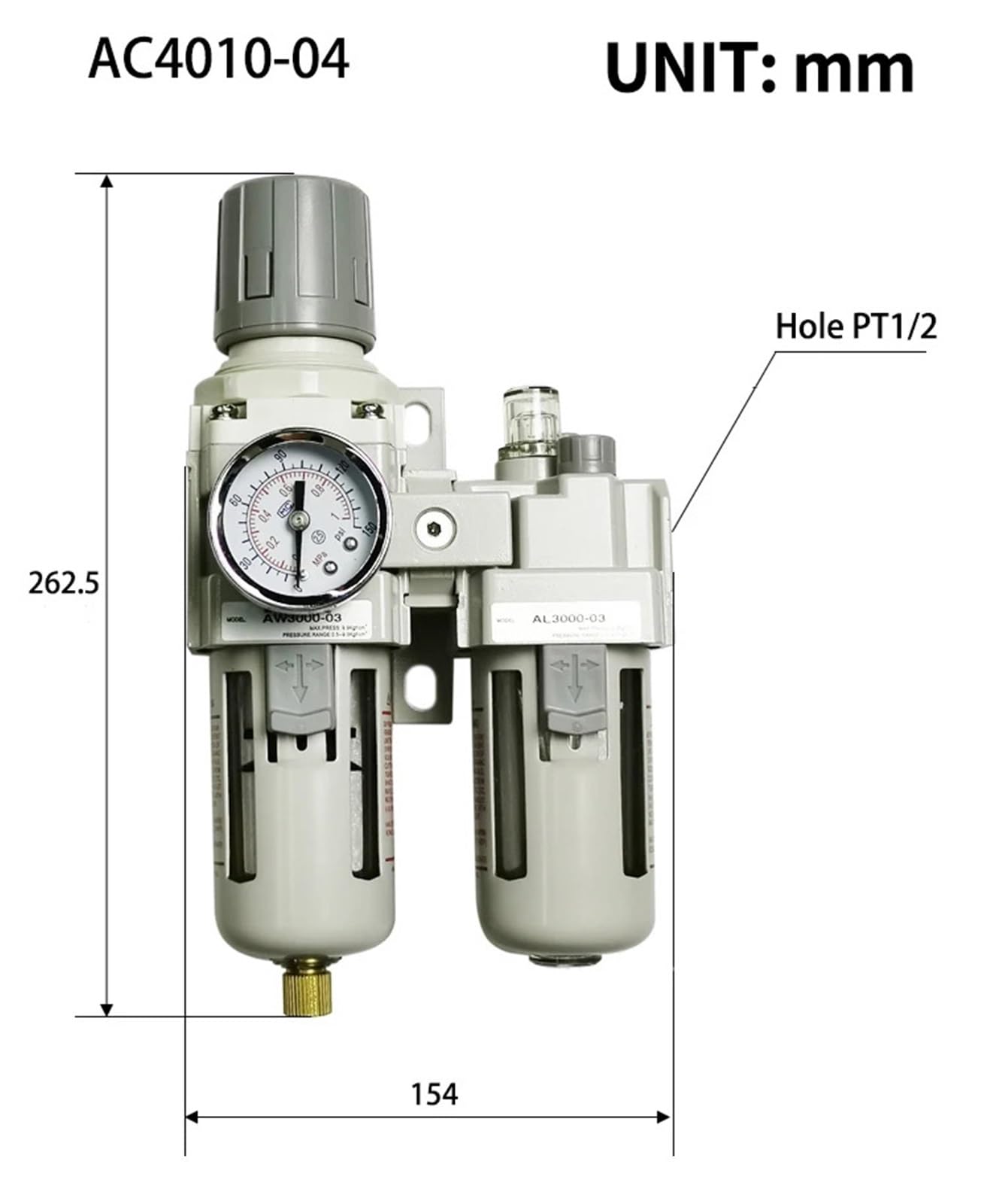 Régulateur de pression pneumatique, séparateur d'eau et d'huile, compresseur de Drainage manuel, filtre à Air, 1 pièce, AC2010-02 AC3010-03 AC4010-04(AC2010-02 SM20PM20,Copper Filter)