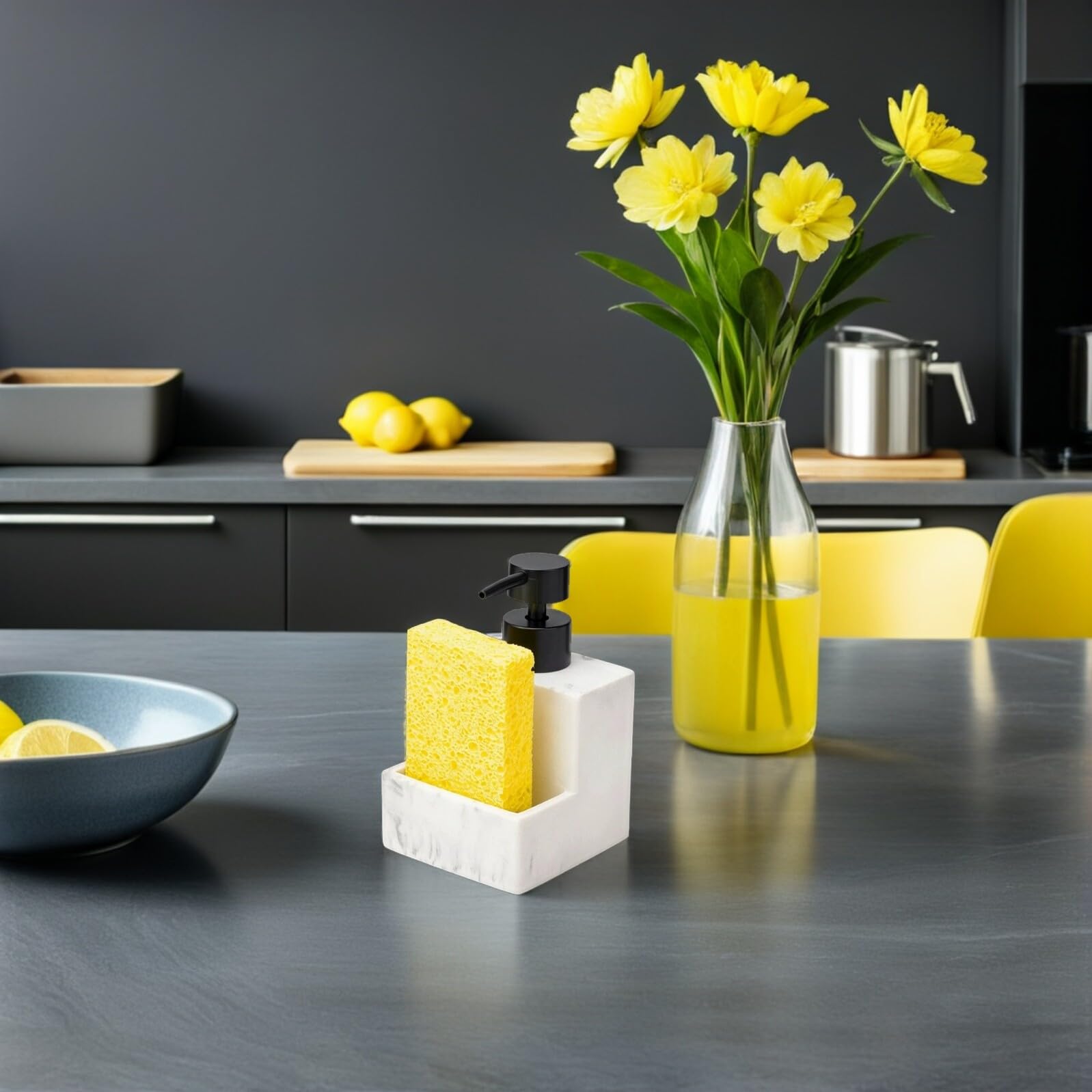 DOITOOL Dispenser di Detersivo per Piatti e Porta Spugna in Resina Effetto Marmo, Set Multifunzionale per Cucina e Bagno, Contenitore Organizzatore per Lavello da Banco, Erogazione
