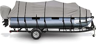 Tuszom 100% Waterproof Pontoon Boat Cover 800D Marine Grade Polyester Pontoon Cover with Windproof Adjustable 16 Tire-Down Straps (Length:21'-24' Beam Width: up to 102", Gray)