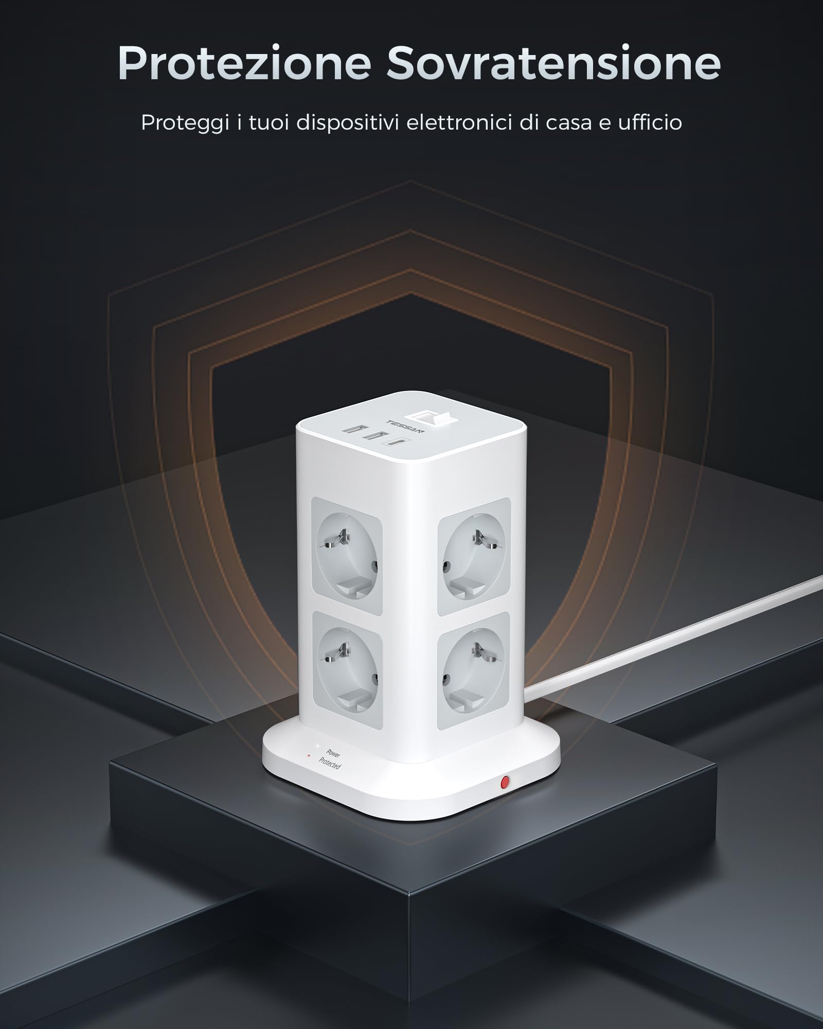 TESSAN Ciabatta Multipresa con USB 15W, Ciabatta Elettrica con 8 Prese, Torretta Multipresa Protezione Sovratensione con Interruttore e Prolunga Elettrica 10 Metri, 3600W Presa Multipla, Girgio