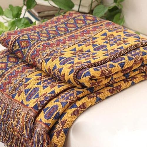 FIKROO Improved Winter Cotton Woven Line Blanket Sofa Towel Knitted Thickened Warm Pad Mat Bohemian Boho Throw Travel Bedspread-B