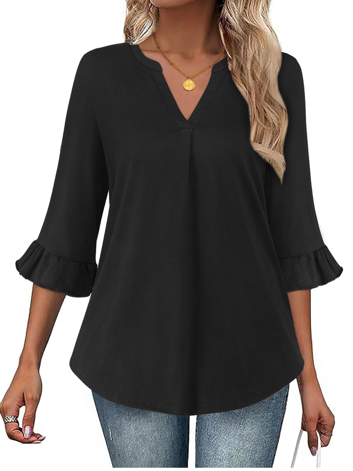 Siddhe Damen Bluse V Ausschnitt 3/4 Volant Ärmel Longbluse Elegante Lose Longshirt Einfarbige Casual Oberteile Basic Shirts für Büro Arbeit Frühling Herbst