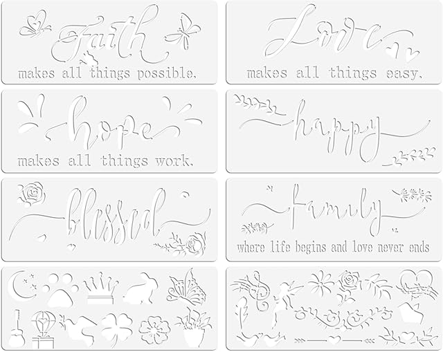 OOTSR 8Pcs Plastic Stencils for Painting, Stencil for Crafts Reusable Inspirational Word Drawing Painting Stencils, DIY Painting Template Stencils for Painting on Wood Sign, Wall Decor