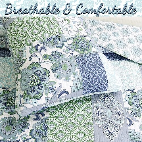 Cozy Line Home Fashions BB- K-15003Q Blue Fleur-De-Lis Stylish Floral Aqua Blue Patchwork 100% Cotton Reversible Bedding Quilt Set thumb #4