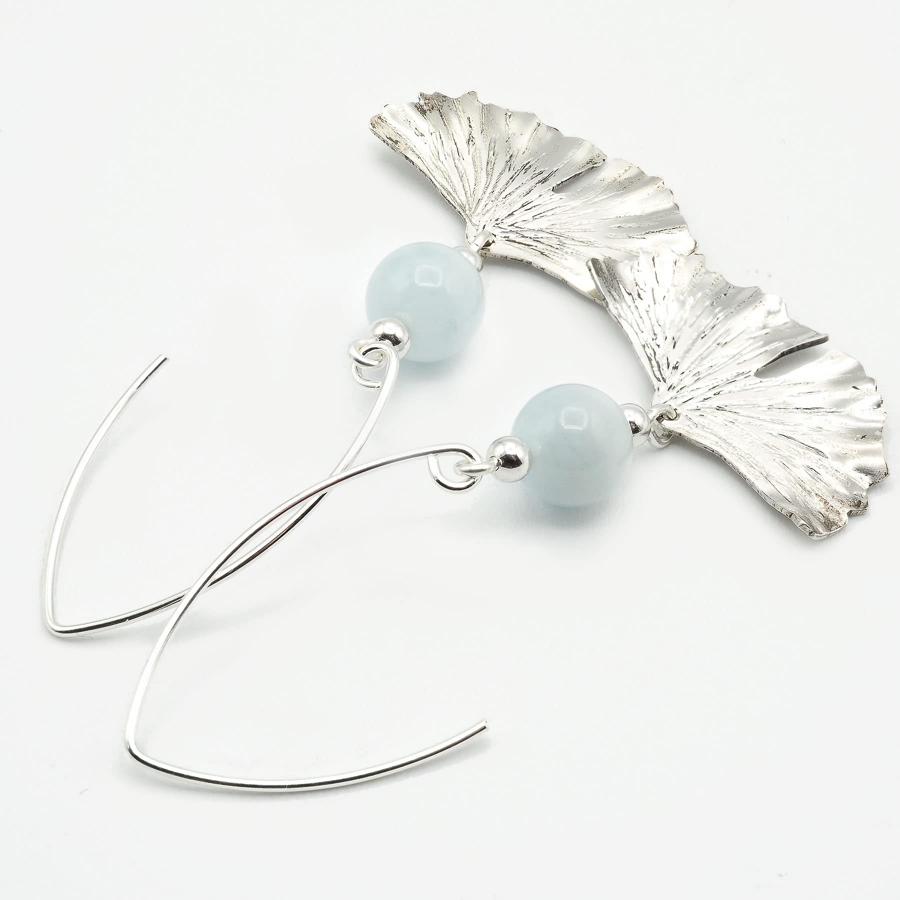 Pendientes de Aguamarina y Plata 925, Diseño de Hoja Ginkgo Biloba, Largos 60 mm