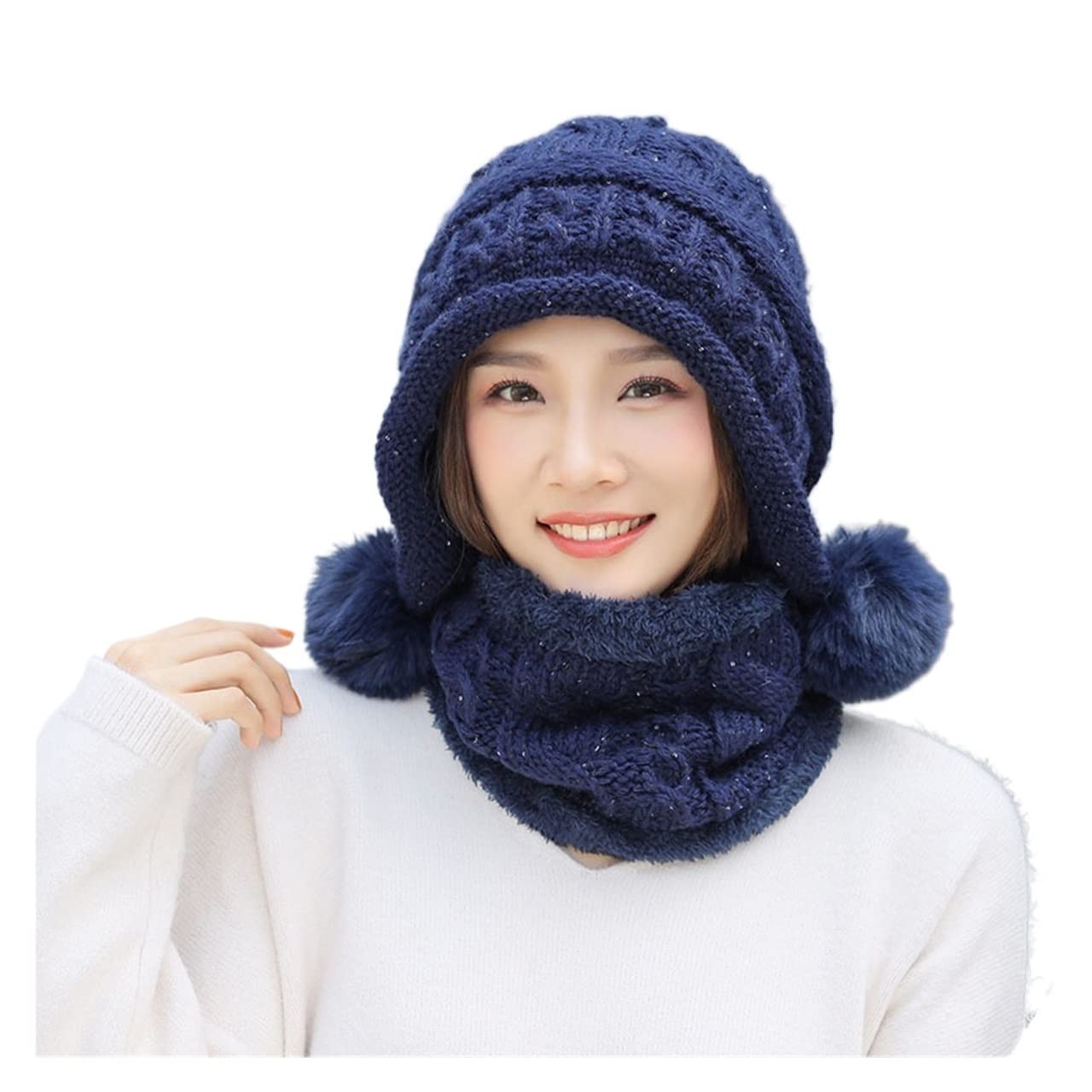 Gorro de Invierno para Mujer, Conjunto de Bufanda con pompón, Gorros cálidos de Invierno, Gorro de Punto de algodón, Gorro sin ala, Gorro térmico para Mujer, Gorro cálido