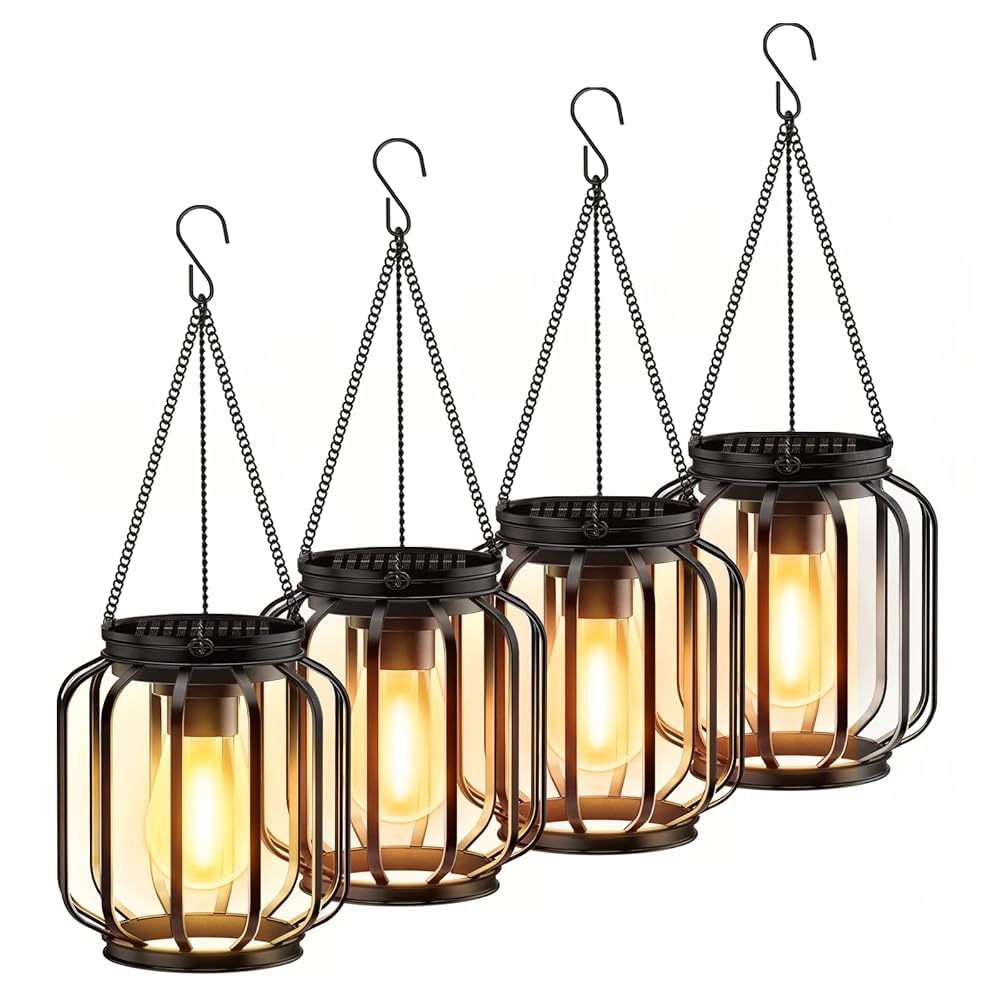 BUCASA Wiszące lampy solarne ogrodowe na zewnątrz, 4 sztuki latarni solarnych na zewnątrz z większą żarówką LED, wodoszczelne IP65, metalowe lampy solarne na zewnątrz na taras, trawnik, balkon
