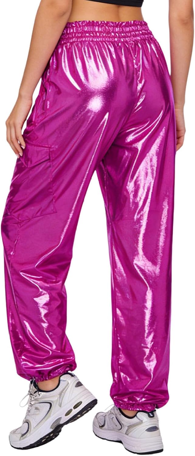 Women Metallic Shiny Cargo Pants Rave Joggers Streetwear Multi-Pocket Wide Leg Trousers