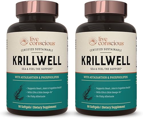 Live Conscious KrillWell, apoyo cognitivo y articular, aceite de krill sostenible certificado 2 veces más eficaz que el aceite de pescado, (paquete