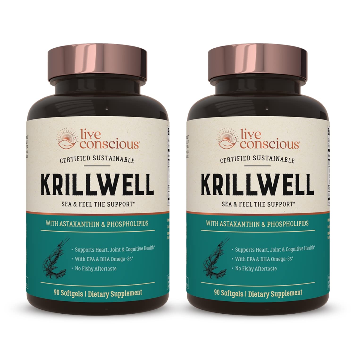 Live Conscious KrillWell, Joint, and Cognitive Support | Certified Sustainable Krill Oil 2X More Effective Than Fish Oil - (Pack of 2) 90 Count (Pack of 2)
