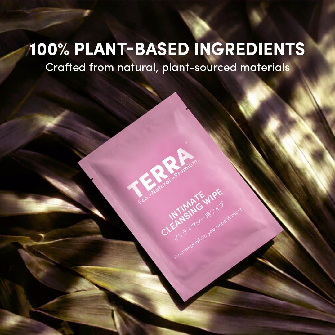 TERRA Intimate Cleansing Wipes for Women | pH-Balanced with Aloe Vera, Sweet Almond Oil, Chamomile & Vitamin E | Plant-Based, Biodegradable | 30 Individually Wrapped Sachets