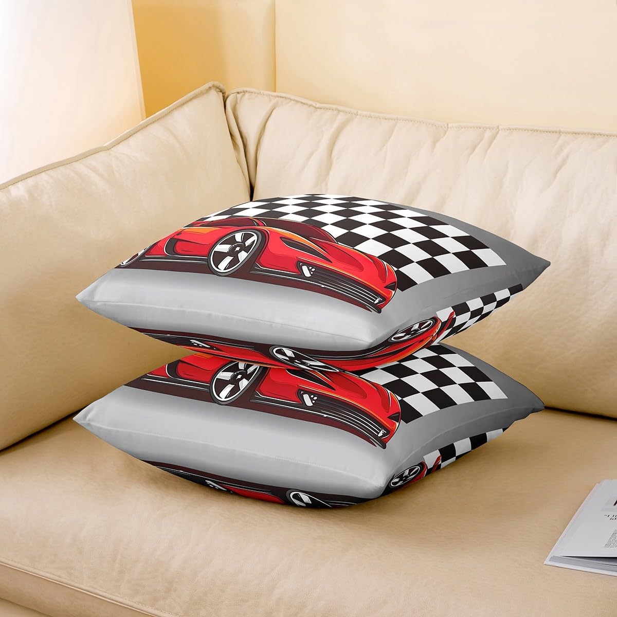 Racing Car Throw Pillow Covers 24x24, Cool Speed Race Car Pillow Covers For Kids Boys Girls Teens, Automobile Extreme Sport Cushion Covers, Grid Buffalo Outdoors Pillow Cases For Car, Red Black