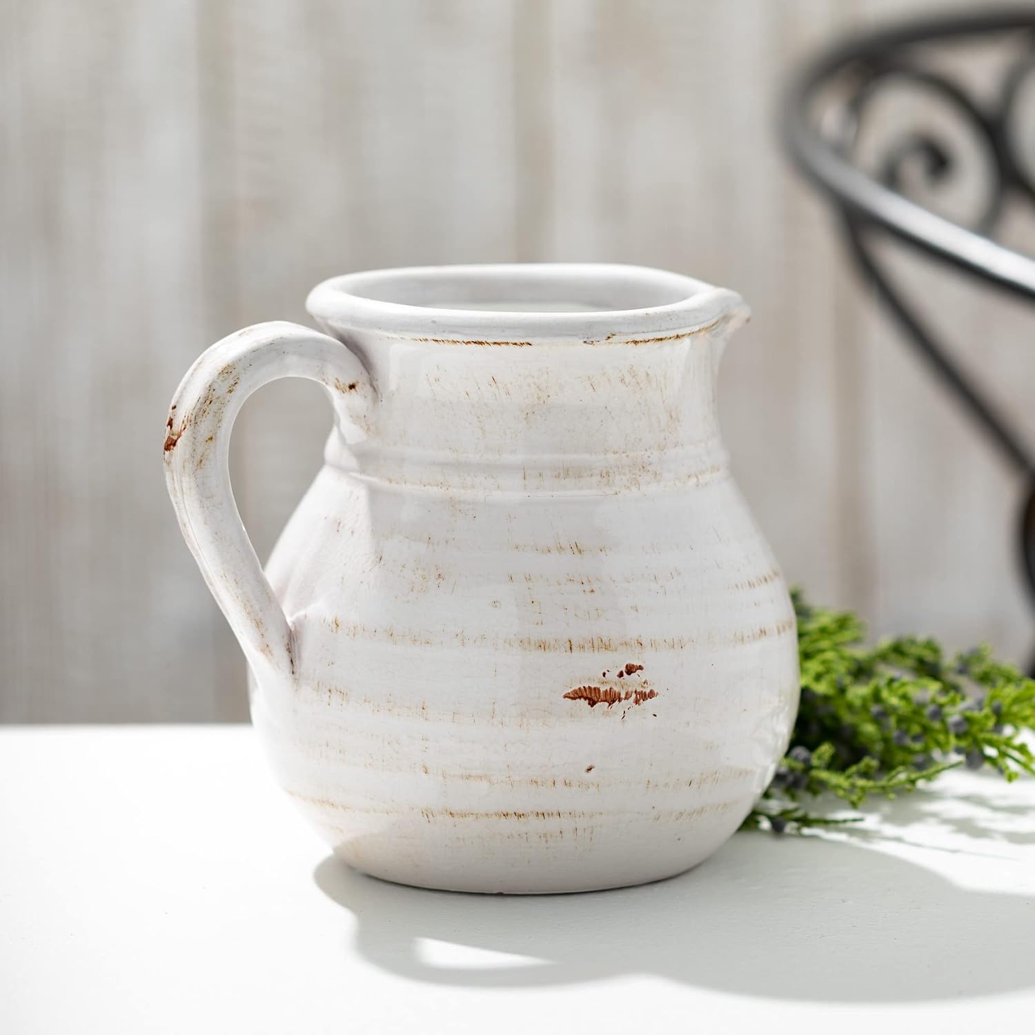 Sullivans Modern Farmhouse Decorative Ceramic Pitcher, 9 x 7 x 8 inches, Distressed Farmhouse Décor, Off-White Crackled Finish, Faux Floral Vase, Mantel, Dining Table and Living Room Décor (CM2515)