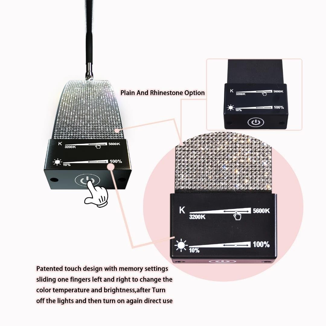 Lampada Da Terra Per extension Ciglia, Luce Di Bellezza Mezzaluna LED Per Ciglia,Massaggi Relax, Dimmerabile 3200K-5600K Altezza Regolabile e Supporto Per Telefono nera con swarovski brillantini
