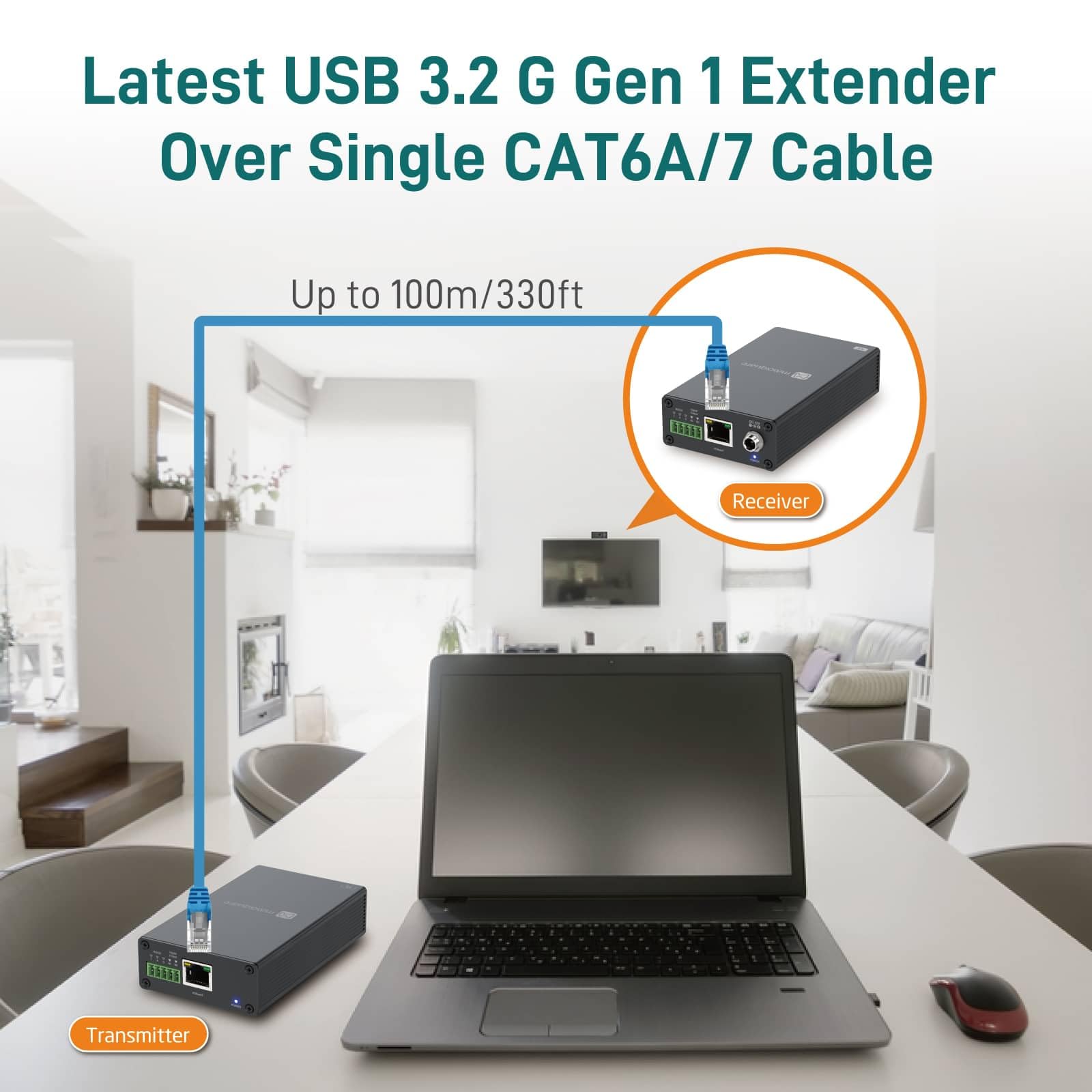 MAXSQUARE USB 3.0 Extender Over Ethernet Cat6A/7, Extend USB Over Ethernet Up to 330ft/100m, 4 Ports Support USB 3.2, RS-232, Digital I/O Control, No Driver Required, Supports All OS, TAA Compliant