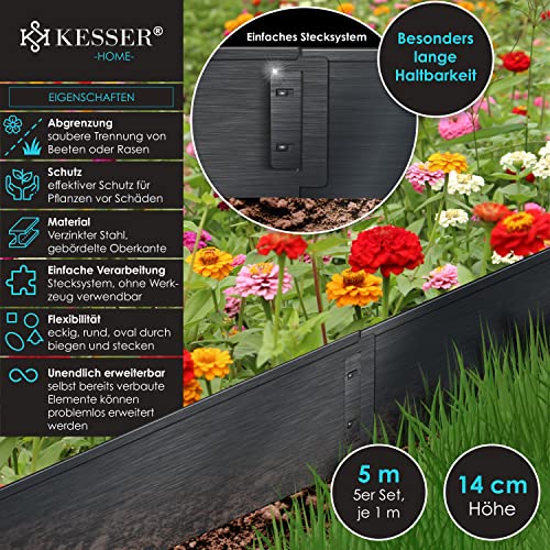 KESSER® Rasenkante Beeteinfassung Beetumrandung + Handschuhe 5m 100x14cm Beetbegrenzung Rasenbleche Mähkante Metall Palisade Schwarz