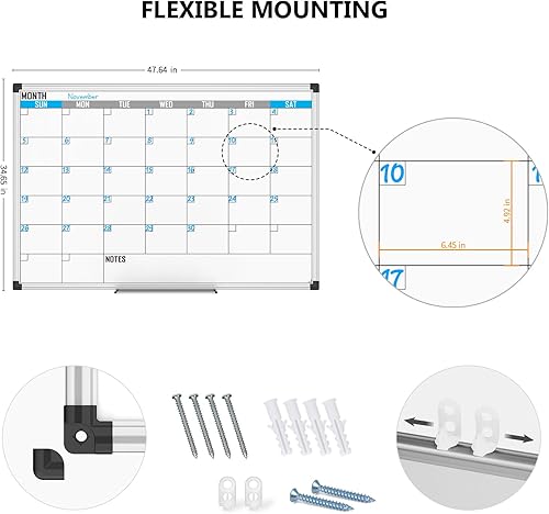 Miniatura 4 de XBoard Calendario magnético pizarra blanca de 48 x 36 pulgadas, calendario mensual, pizarra blanca + tablero de calendario colorido, tablero de
