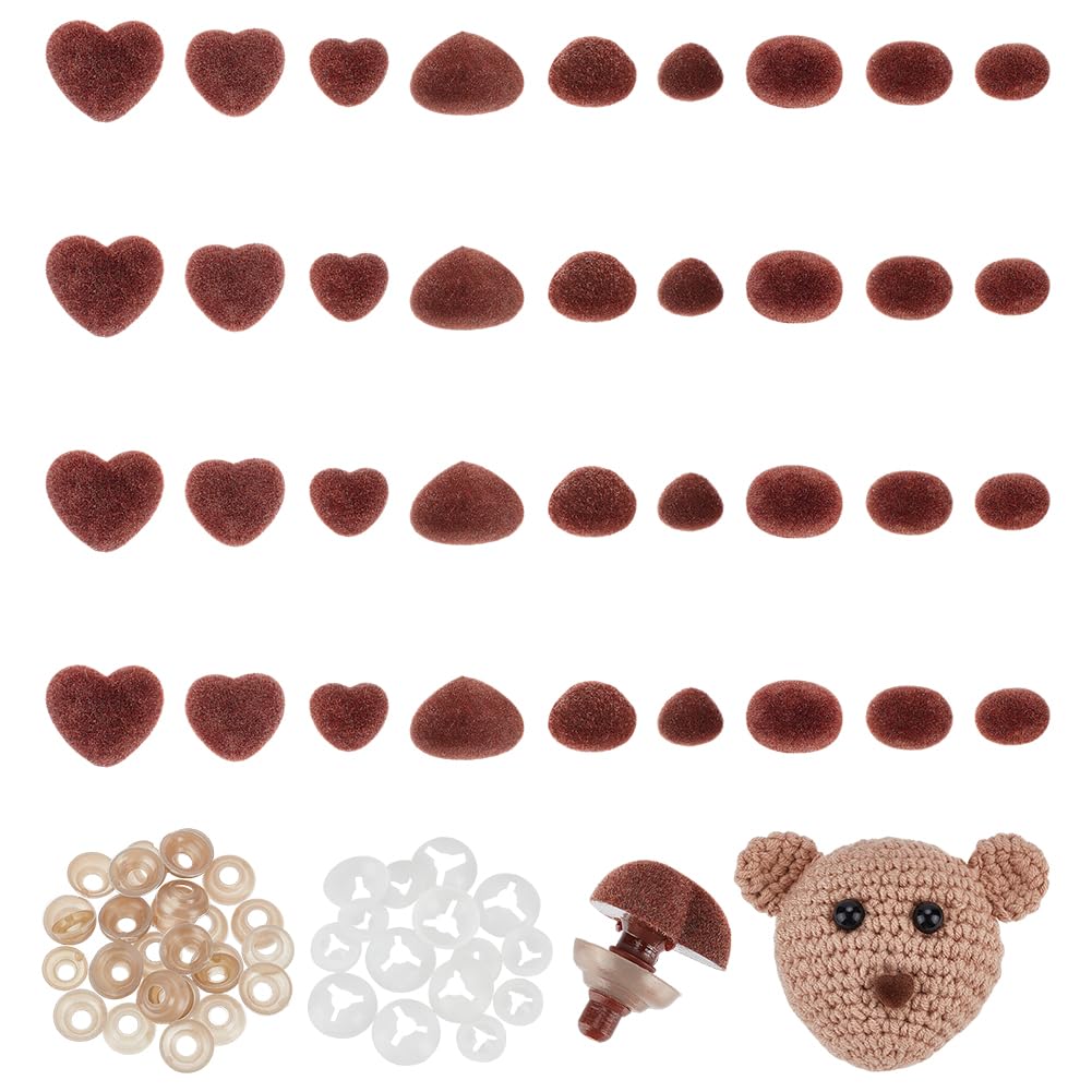 PH PandaHall 36 Set Nasi di Sicurezza Floccati 3 Stili Nasi Amigurumi Marroni Nasi A Cuore Nasi di Animali All'Uncinetto con Rondelle per Realizzare Animali di Peluche