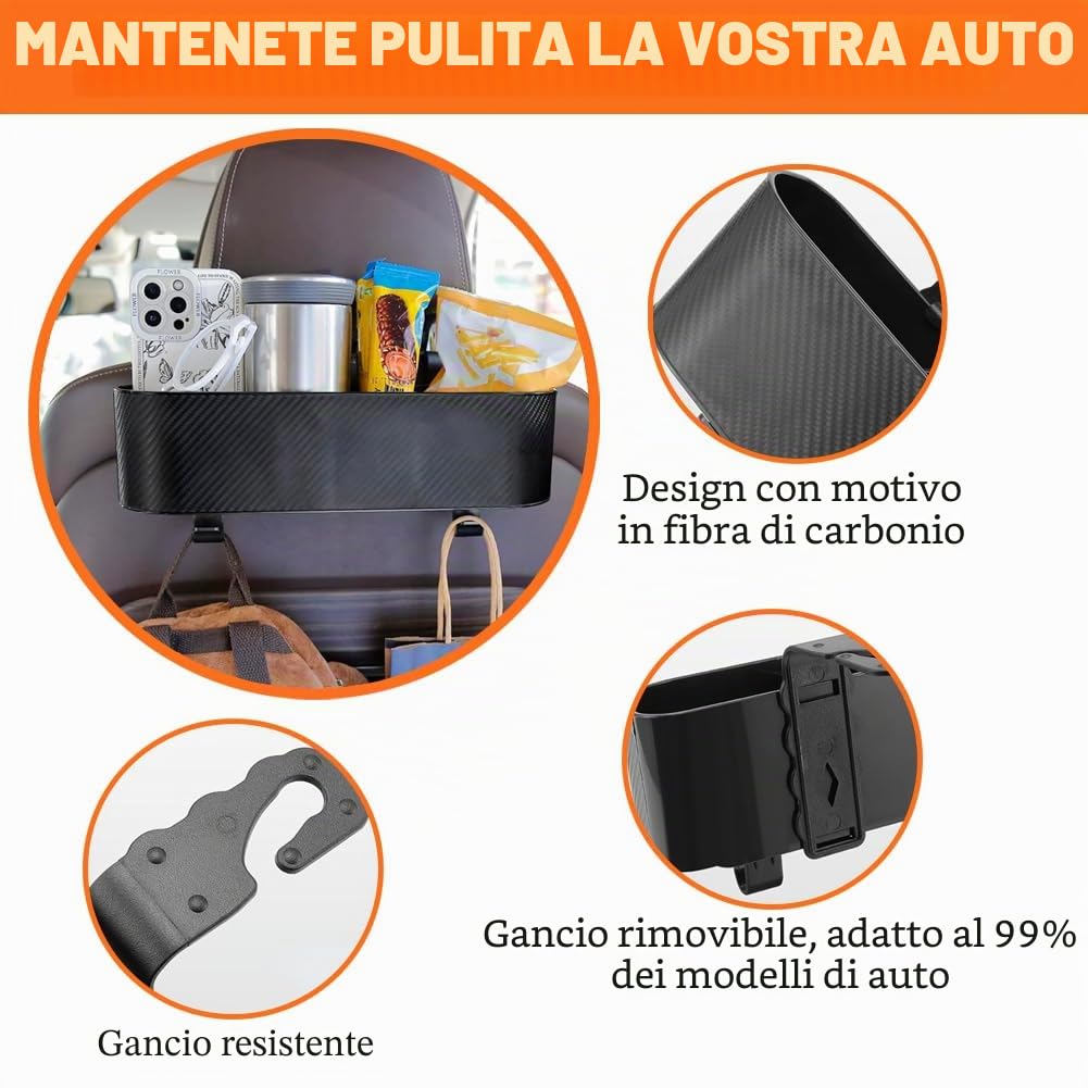 Organizer per poggiatesta auto con portabicchieri, portaoggetti da appendere allo schienale del sedile con ganci, multifunzione, tasca per bevande, cibo, snack, telefono, vassoio per bambini,