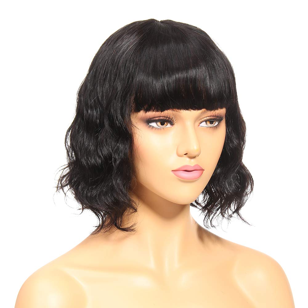 Buy Short Bob Human Hair Wig Black Curly Wigs for Women Wavy Hair with Fringe 150 Density None