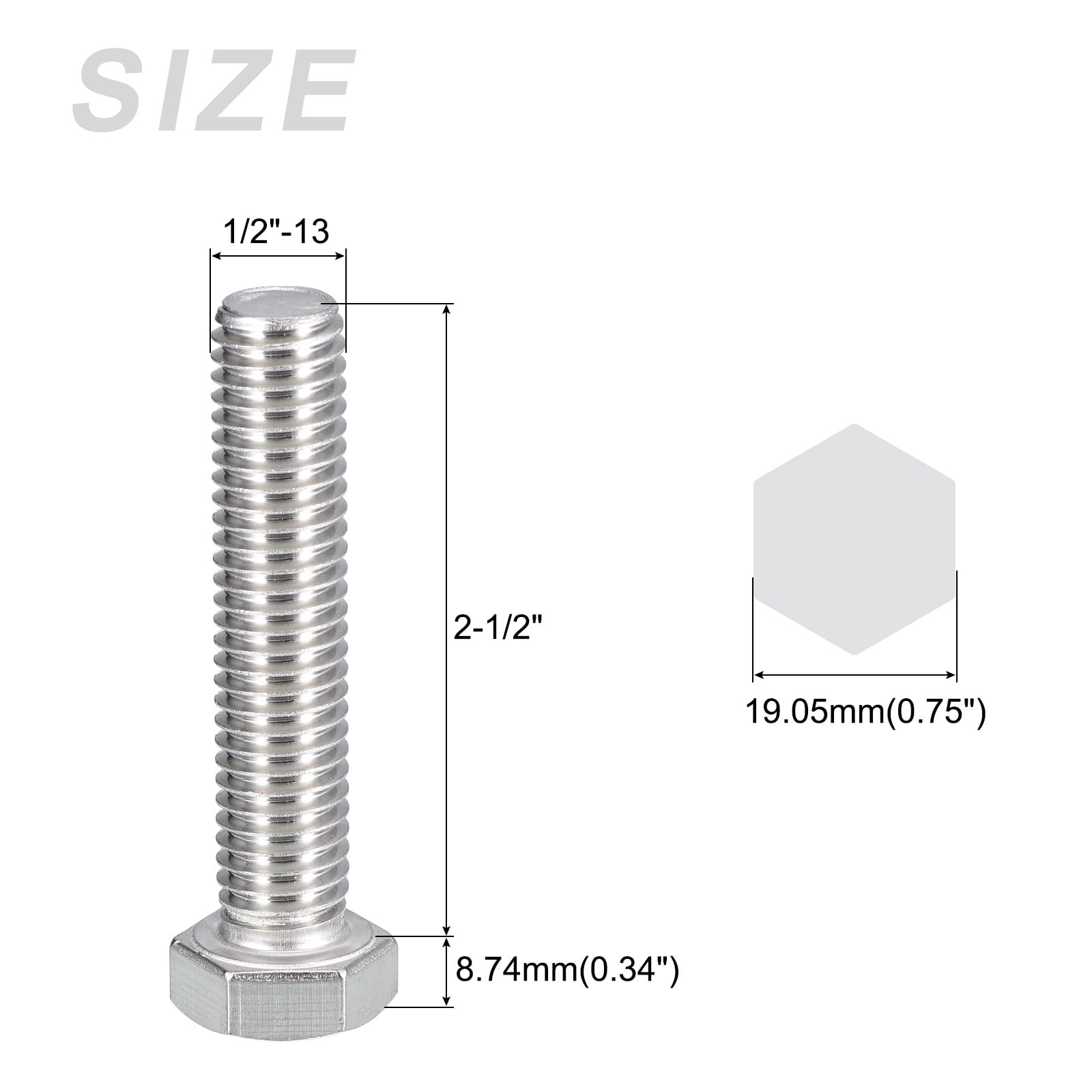 METALLIXITY Hex Head Bolts (1/2-13 x 2-1/2") 5Pcs, 304 Stainless Steel 18-8, Fully Threaded, External Hex Drive, Plain Finish, Hex Head Screw Bolt, Silver - Image 2