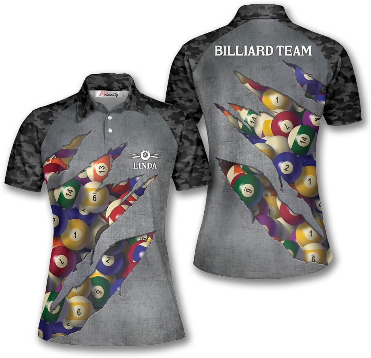 PRIMESTY Skull Grim Reaper Billiard Shirts for Women, Custom Name 8 Ball Pool Jersey, Personalized Dark Billiard Polo S-5XL