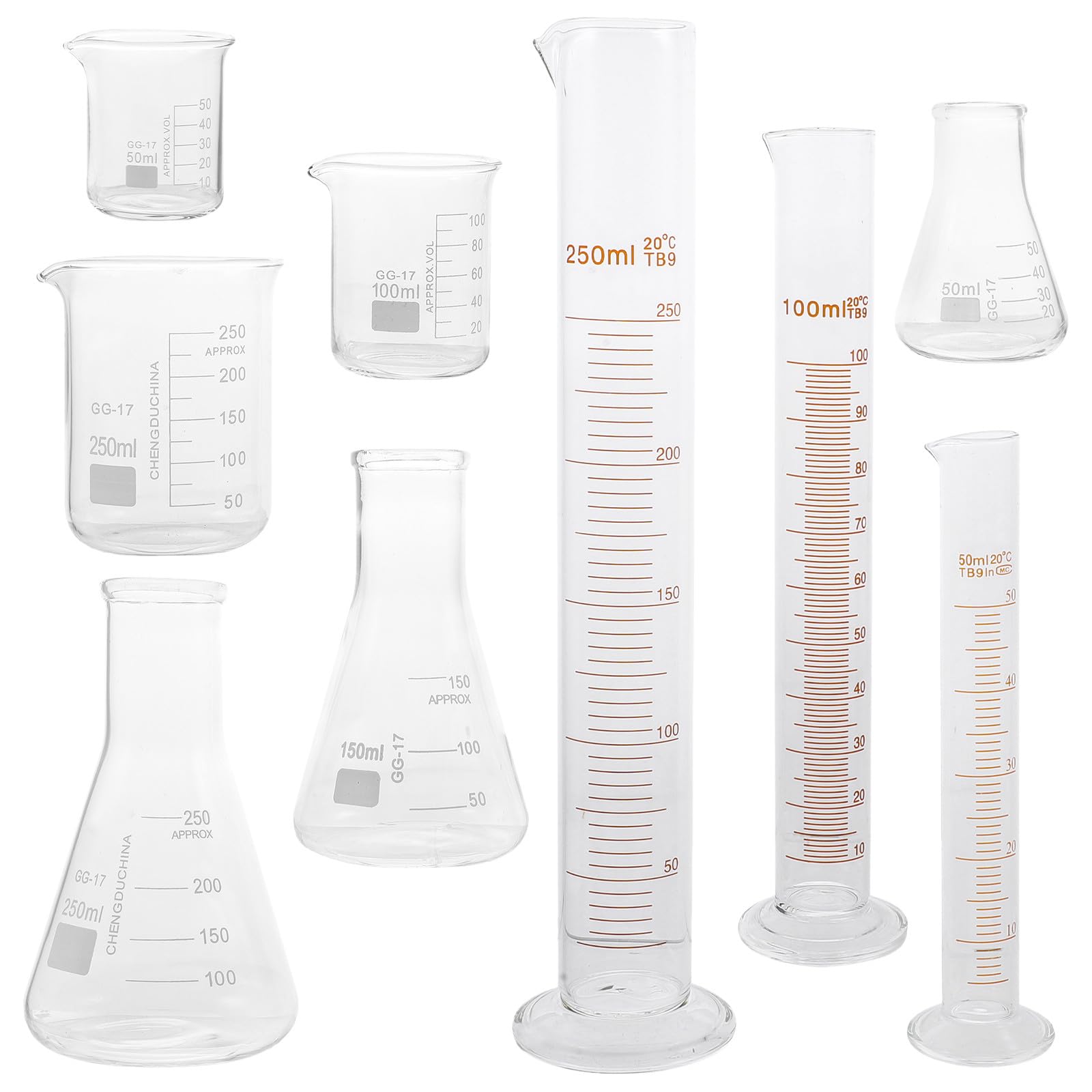 Set 50-250 Ml Vetreria da Laboratorio 9 Pezzi in Vetro Resistente Strumenti Chimici Beuta e Cilindro Graduato Scala Precisa per Progetti Scientifici e Didattici