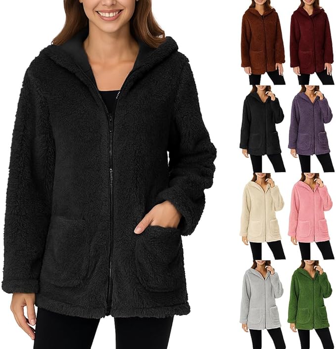 Fuzzy Hoodie for Women Long Sleeve Fleece Zip Up Pullover Solid Color Flannel Smooth Sweatshirt Sherpa Tunic Tops