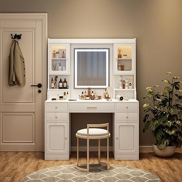 White Vanity Desk with Mirror and Lights Large Capacity Storage, 6 Drawers & 4 Lockers, LED Lighted Mirror, Stylish American Design for Bedroom, Perfect for Makeup, Jewelry & Office Supplies