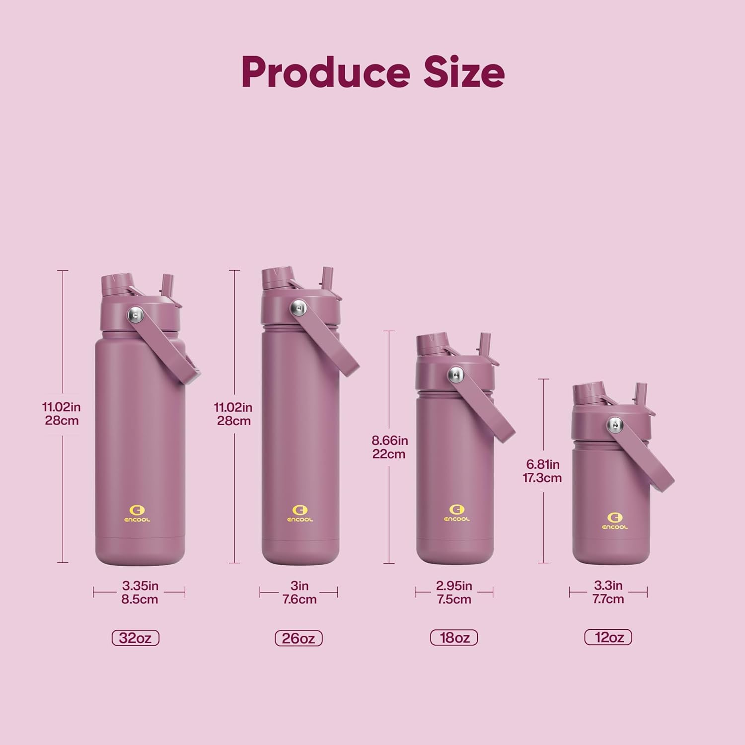 ENCOOL Insulated Water Bottle with Straw Stainless Steel Water Bottle, Leak-Proof, BPA-Free, Double Wall Vacuum Keeps Cold for 24 Hours for Sports, Travel, School (32 oz, Mountbatten Pink)