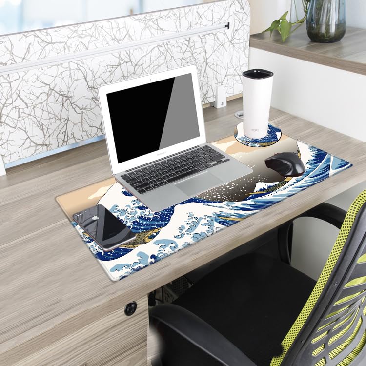 Image of Gaming Mouse Pad Japanese Sea Wave Mousepad 24x12 Desk Pad XL Ocean Desk Mat Long Extended Computer Mat Non Slip Base Big Mouse Mat for Wireless Mouse Laptop Office