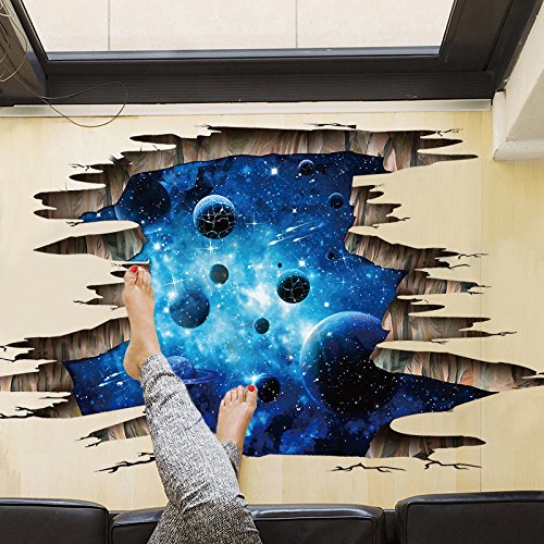 Amaonm Removable Creative 3D Magic Blue Galaxy Planet Through the Wall Decals Stickers Girls Nursery Room Walls Decorations Art Decor Home Decal Classroom Bathroom Playroom Stickers for Kids Baby Boys