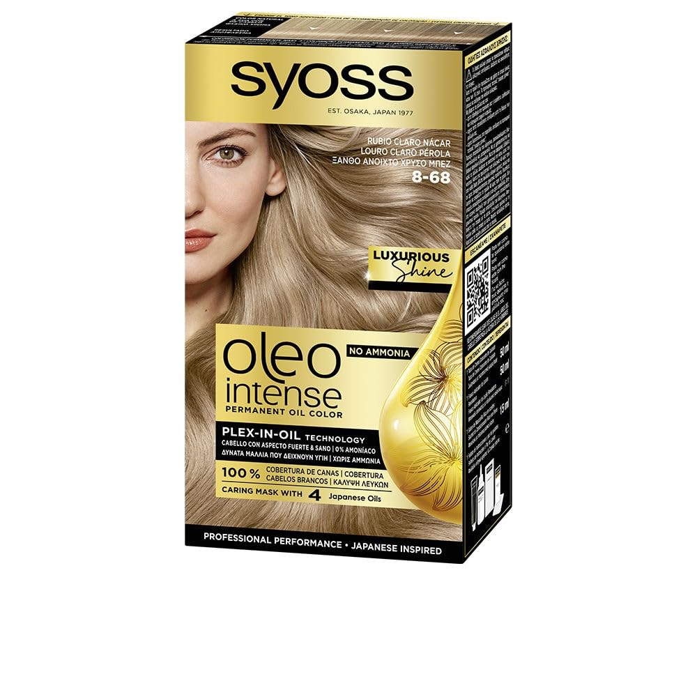 Syoss Oleo Intense - 8-68 Rubio Claro Nacar – Coloración permanente Sin Amoníaco – Cobertura profesional de canas – Resultados de peluquería