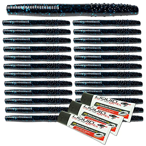Mayhem Bait Co. Convulsion 4-Inch Soft Plastic Swimbait For Bass Fishing Ideal For Ned Rig, 3 Packs Of 8 (24) Fishing Lures Plus 3 Tubes Liquid Mayhem Fish Attractant (Black/Blue) #TOP1